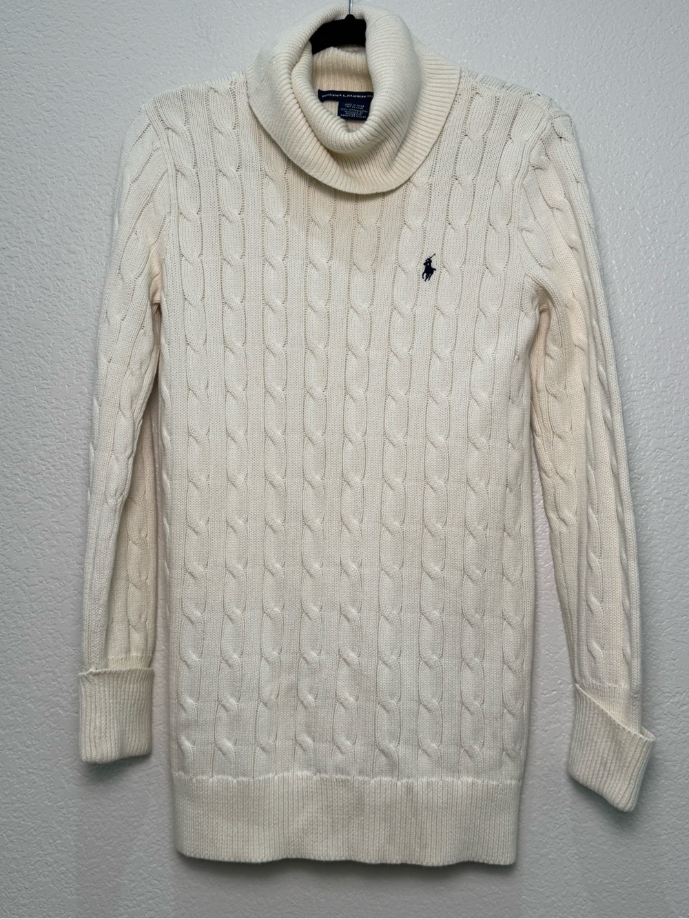 Ralph Lauren Sport Cable Knit Turtleneck Sweater M Cream Cotton Pony Womens